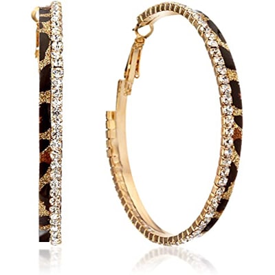 Gold Plated Leopard Print Crystal Big Round Hoop Earrings